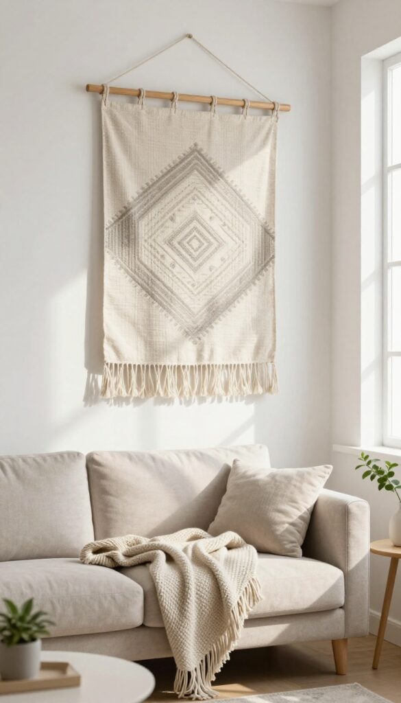 Tapestry hanging as wall art above a sofa in a bright living room