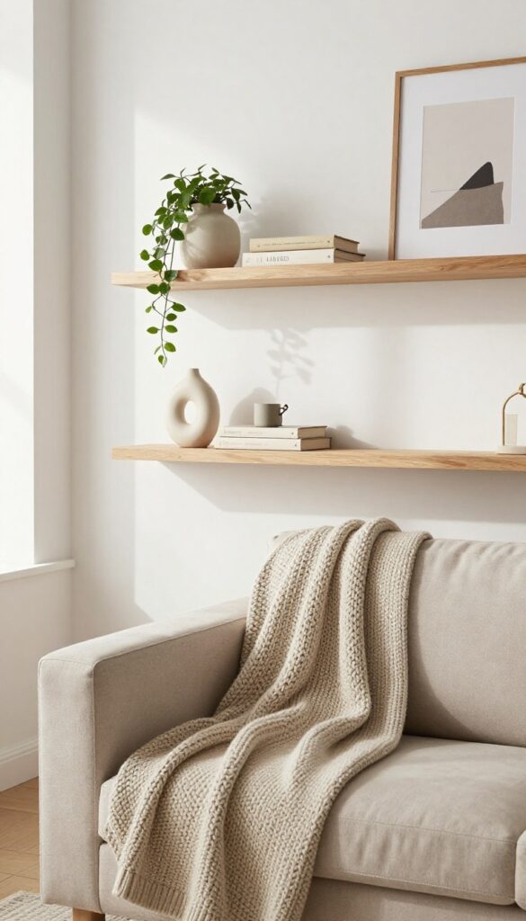 Floating shelves in a modern living room with curated decor including books, a plant, and a ceramic vase, styled with a cozy throw on a nearby sofa.