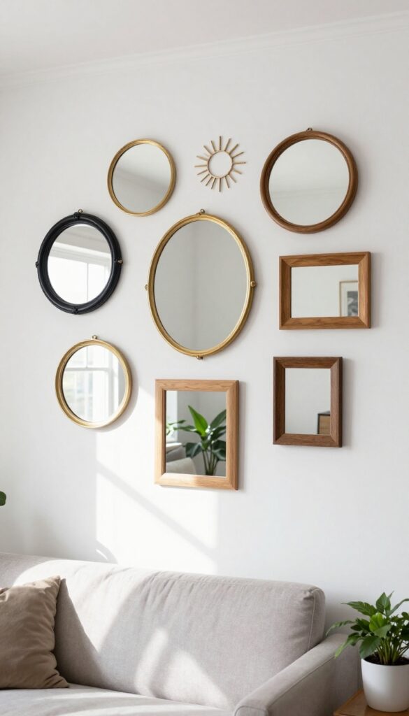 A living room wall with a grouping of mirrors in different shapes and frames, reflecting light and adding depth to the space.