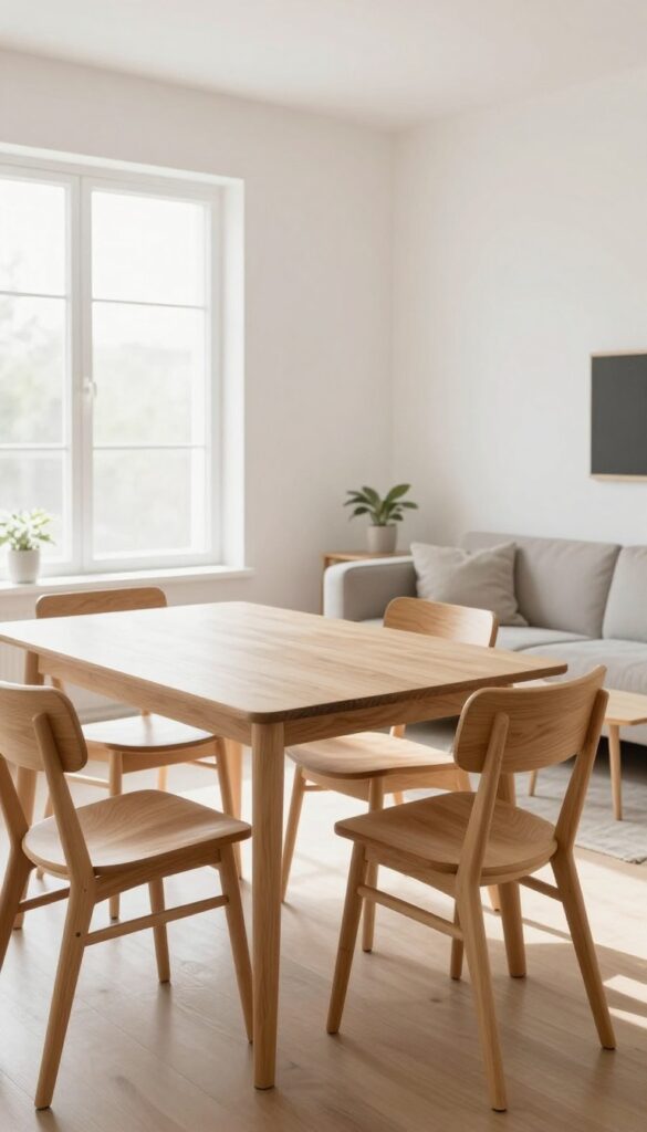 Small living room with dining area, stackable wooden chairs stored neatly in corner by window, natural light, clean and airy