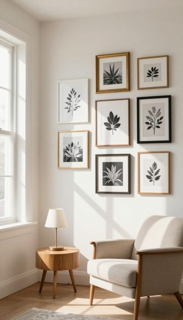 DIY gallery wall in a cozy living room with thrifted frames and black-and-white prints