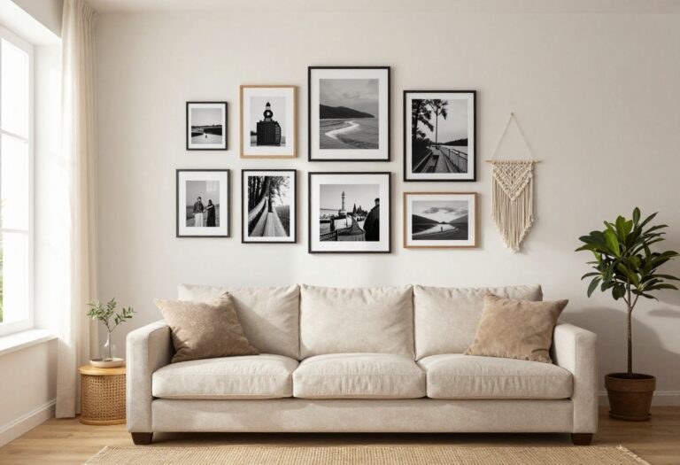 Cozy living room with a gallery wall of mismatched frames and a macrame hanging, natural light from a window.