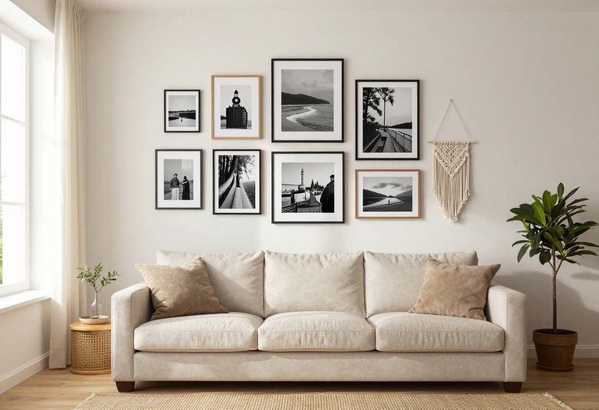 Cozy living room with a gallery wall of mismatched frames and a macrame hanging, natural light from a window.