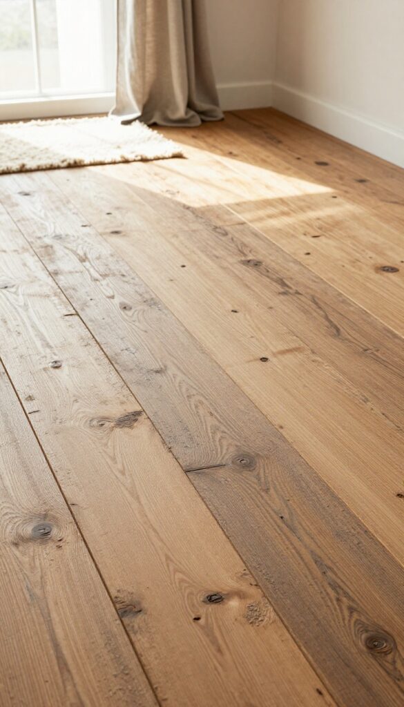 Reclaimed wood flooring in a warm, cozy living room with natural light and soft textiles