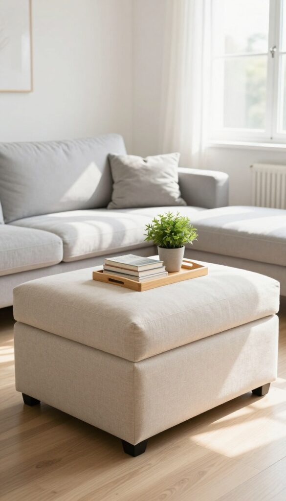 Living room with a beige storage ottoman doubling as a coffee table, featuring a tray with a plant and books, natural light, clean and uncluttered space.