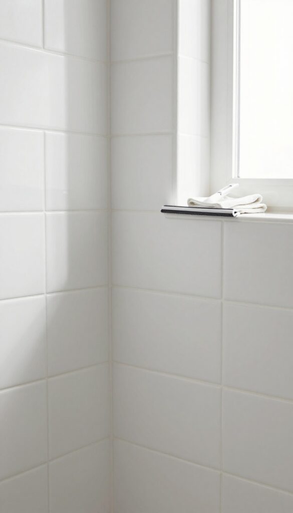 Dry shower tile with squeegee and microfiber cloth in bright natural light