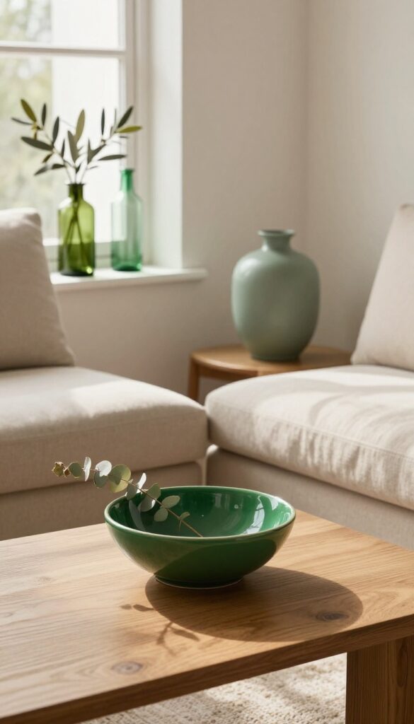 Green glassware and ceramics on coffee table and windowsill in neutral living room