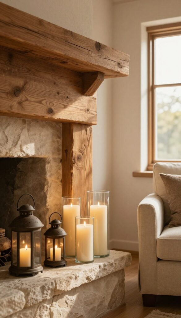 Cozy primitive living room with candles and lanterns on mantel and floor