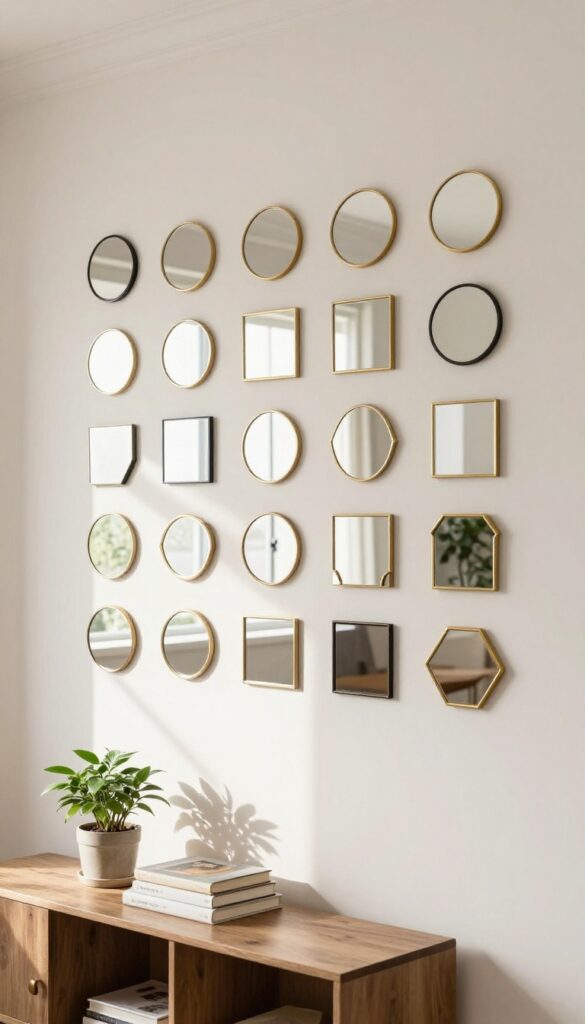 Gallery wall of small mirrors in a bright living room, reflecting light and creating an airy focal point.