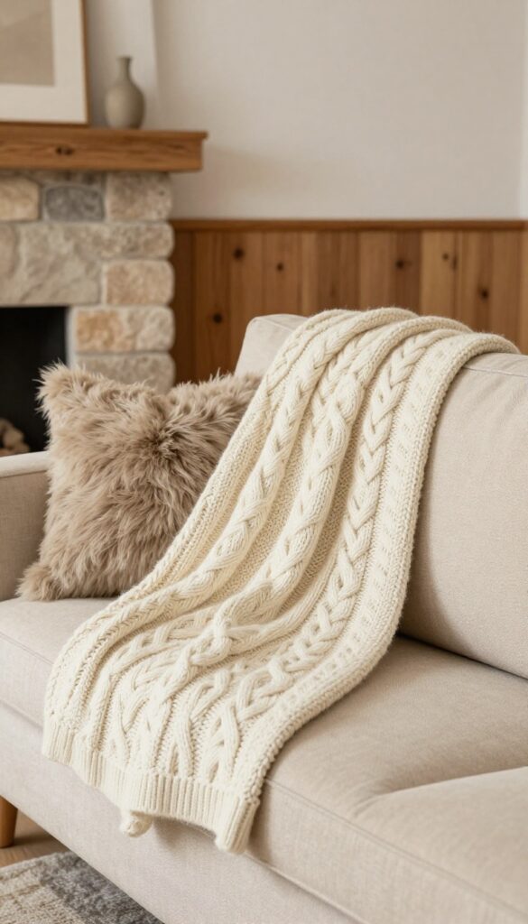 Chunky knit throw draped over neutral sofa in rustic living room with wood and stone accents