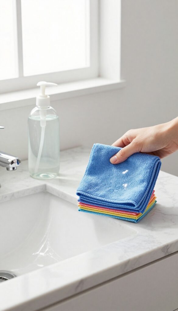 A hand wiping a marble countertop with a blue microfiber cloth, surrounded by cleaning supplies in a bright, clean bathroom.