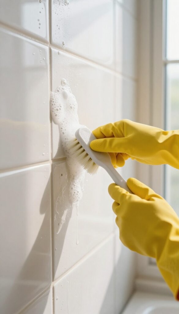 Cleaning bathroom grout with hydrogen peroxide and a brush