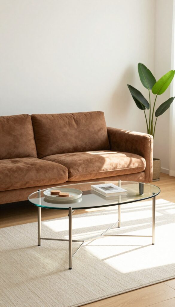 Low-profile glass coffee table in front of a brown couch in a bright, airy living room with natural light and a plant.