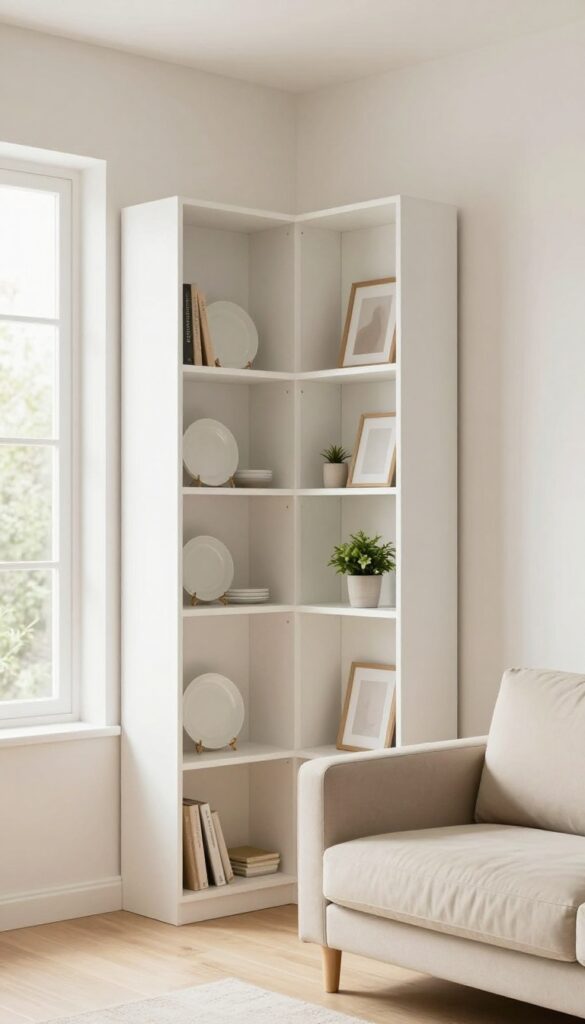 Small living room with vertical storage: tall white bookcase and floating shelves displaying dishes and decor.
