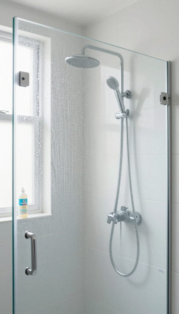 Water beading on a Rain-X treated glass shower door in a bright clean bathroom