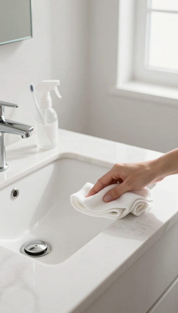 Hand wiping a bathroom sink with a microfiber cloth, fresh and clean daily cleaning routine.