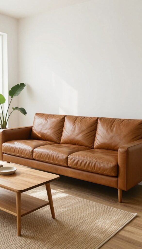 Cognac leather couch in a bright living room with light neutral walls, natural light, and simple decor.