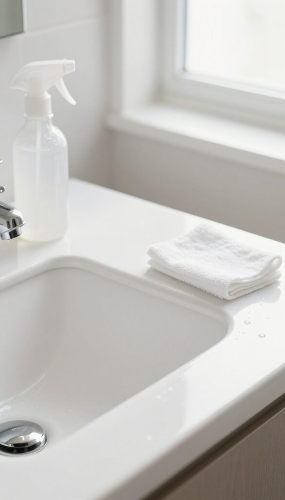 Clean bathroom countertop and sink with cleaning supplies, bright natural light