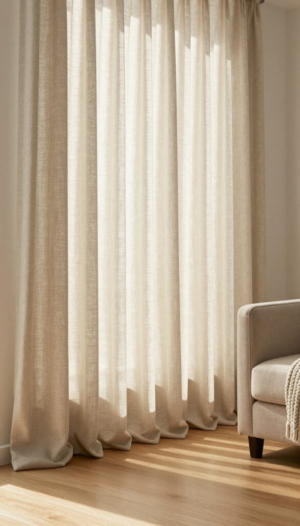 Floor-length oatmeal linen curtains filtering sunlight in a neutral living room with cozy textures.