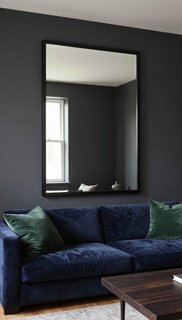Moody living room with large mirror reflecting light, charcoal walls, navy sofa, forest green pillows, and dark wood coffee table.