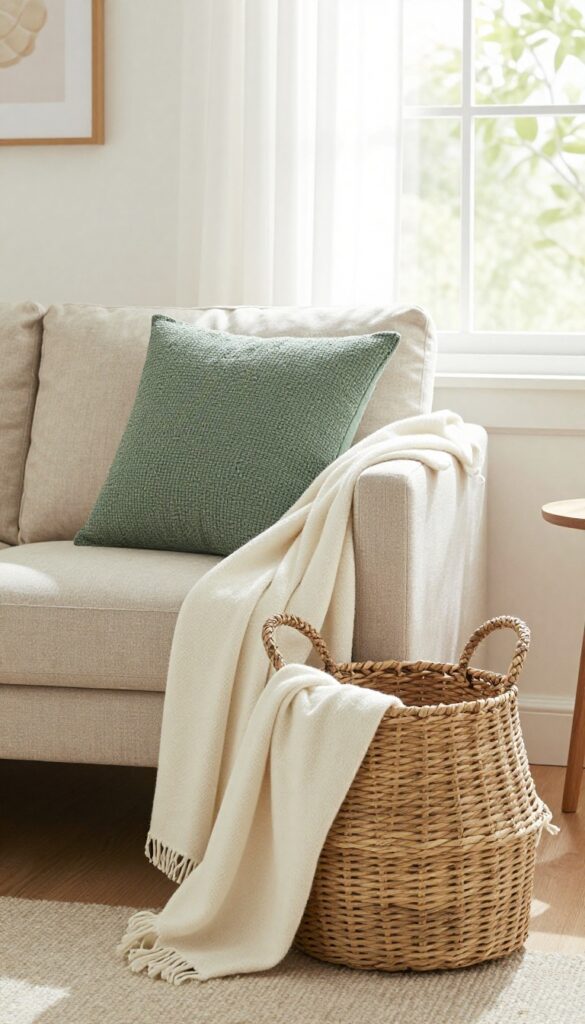 Sage green woven storage basket beside a neutral sofa in a bright living room