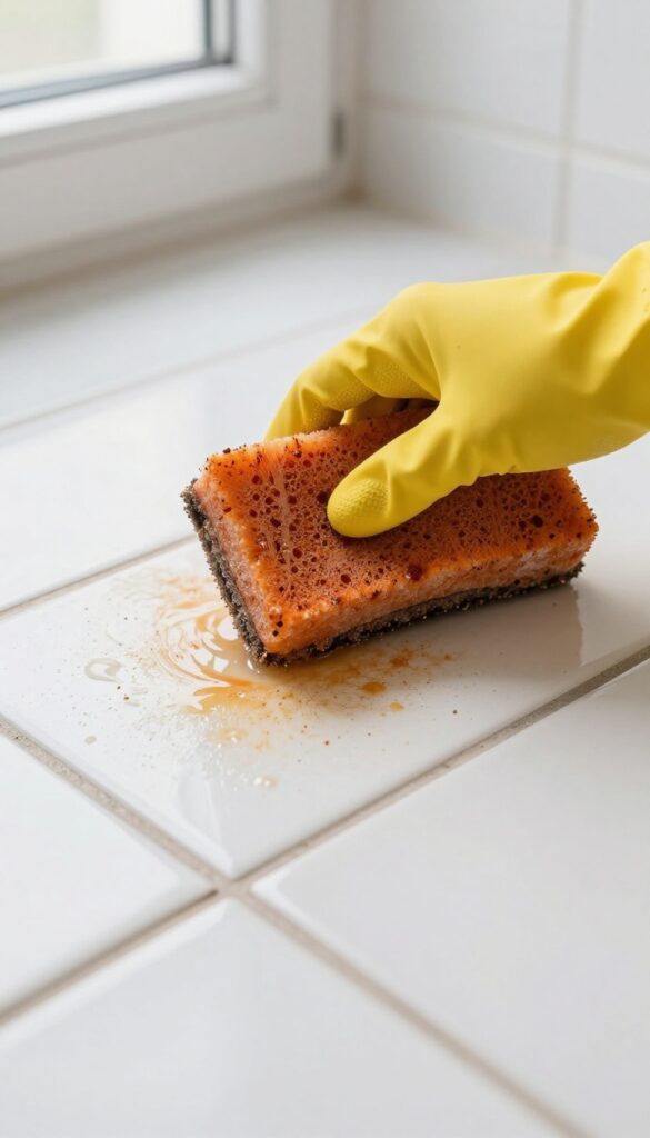 Hand scrubbing orange rust stain on bathroom grout with a wet pumice stone
