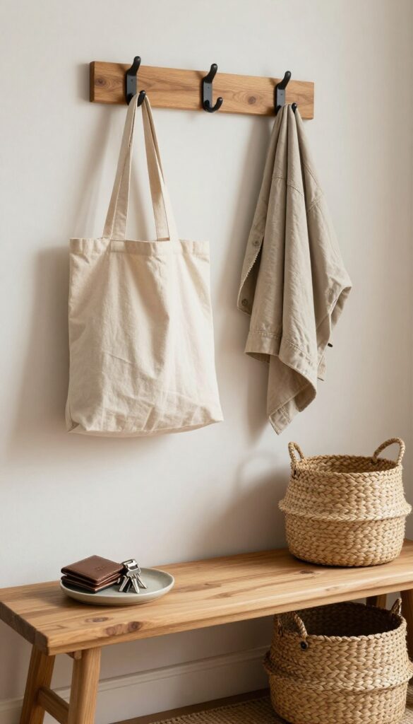 Cozy entryway drop zone with wooden bench, hooks, woven basket, and small tray for keys, natural light.