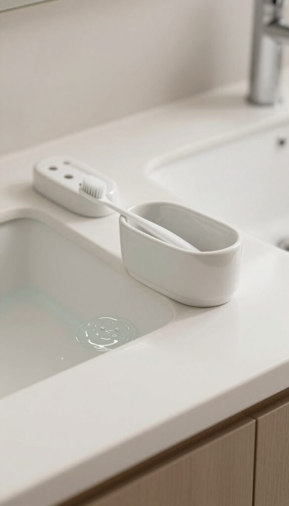 White ceramic toothbrush holder with drainage holes on a clean bathroom counter, toothbrushes inside, bright natural light.