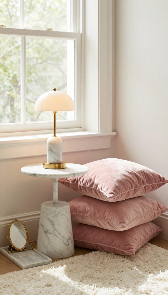Cozy living room corner with marble and gold accents, soft pink velvet cushions, and warm natural light.