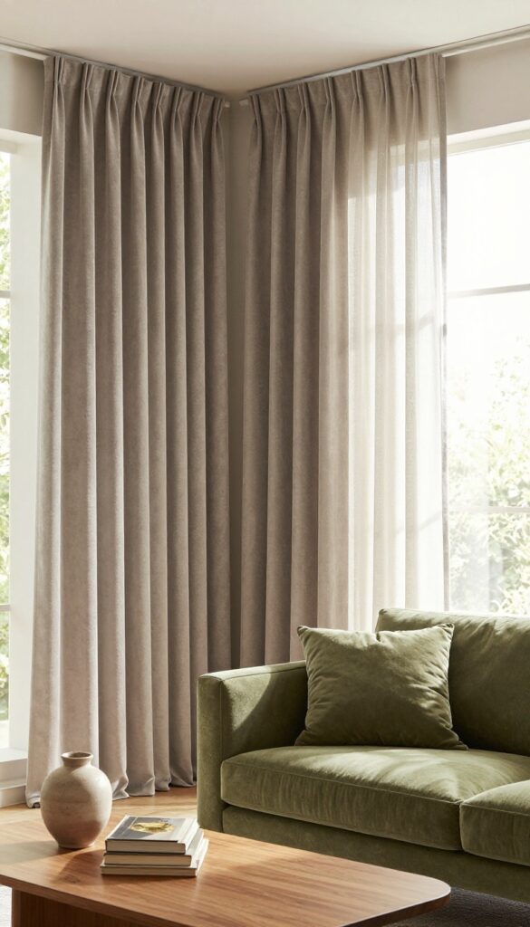 Cozy living room with floor-length taupe velvet curtains framing a large window, sheer linen under-curtains, olive green sofa, and wooden coffee table.