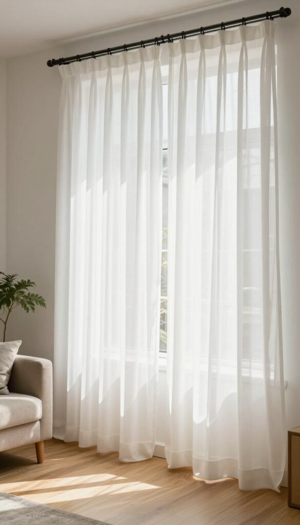 DIY no-sew ruffle curtain made with binder clips on a tension rod in a bright living room