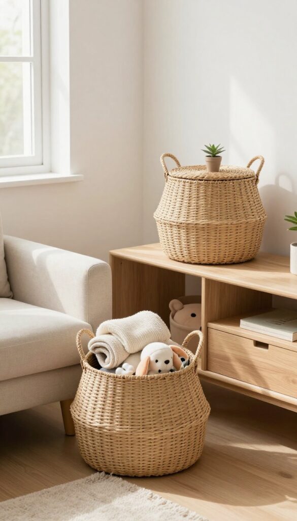 Living room with woven storage baskets near sofa and console