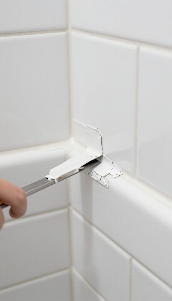 Removing old, cracked caulk from a shower corner with a utility knife.