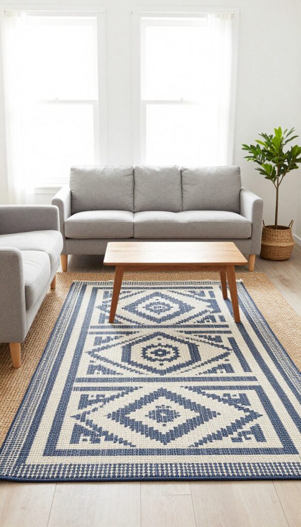Small living room with layered jute and geometric flatweave rugs, creating a cozy and spacious feel.