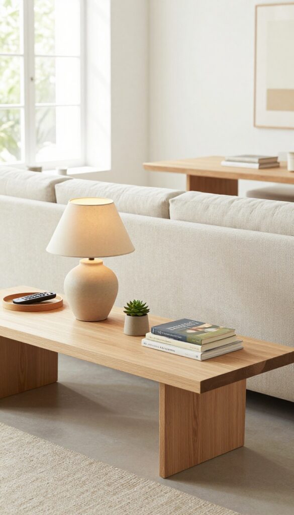 Low console table behind sofa with statement lamp as room divider in open-plan living room