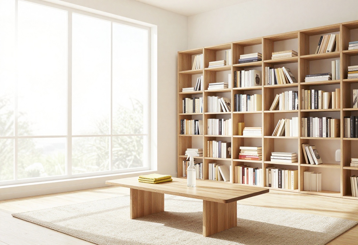 Bright living room with cleaning supplies on coffee table