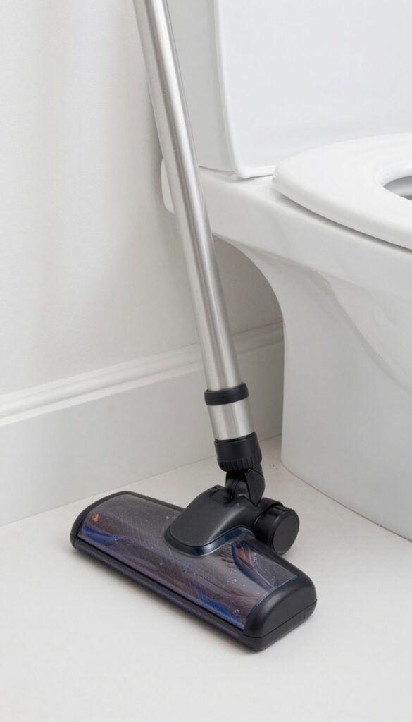 Vacuum with crevice tool cleaning dust bunnies along bathroom baseboard near toilet