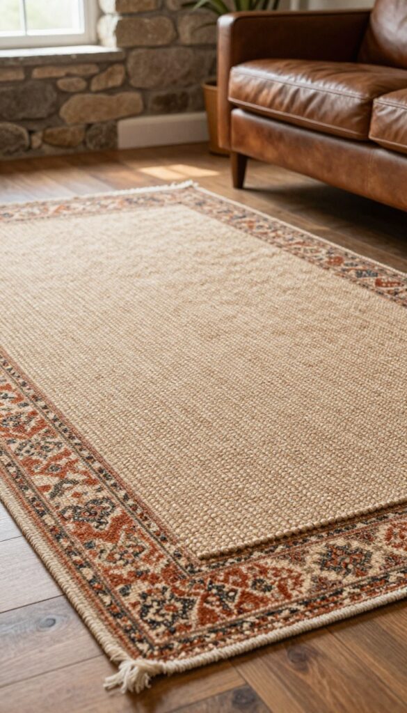 Layered jute and wool rugs on a rustic living room floor with stone fireplace and leather sofa