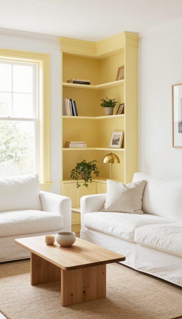 Bright living room with butter yellow built-in shelves and window trim, white walls, natural light, and brass accents.