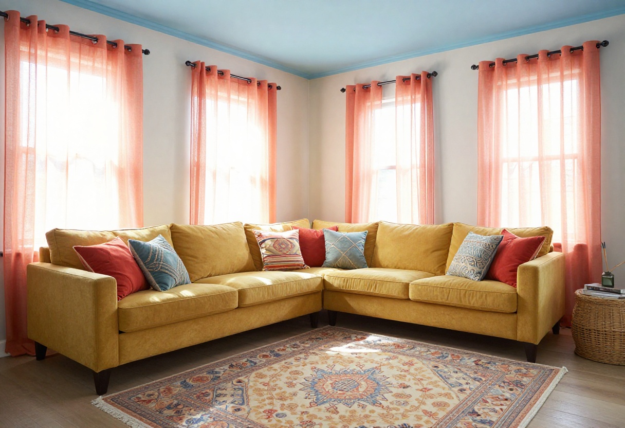 Colorful living room with mustard sofa, patterned rug, and pastel ceiling
