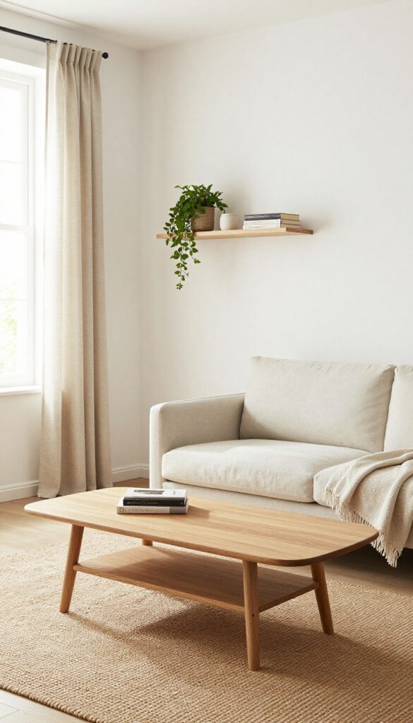 Warm white living room with natural wood furniture and light textiles