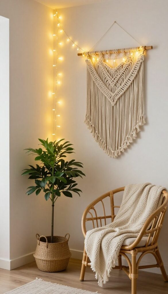 Bohemian living room with fairy lights creating warm ambiance