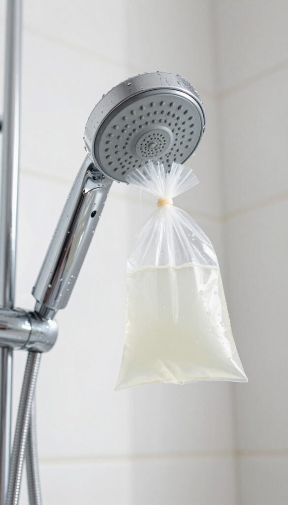 A showerhead with a vinegar-filled bag tied around it, cleaning mineral deposits, bright bathroom setting