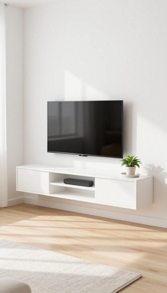 Wall-mounted TV with a slim floating shelf below in a bright living room corner