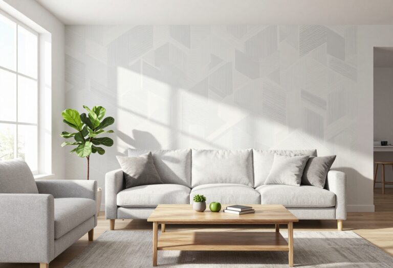 Modern living room with geometric wallpaper accent wall, gray sofa, and natural light