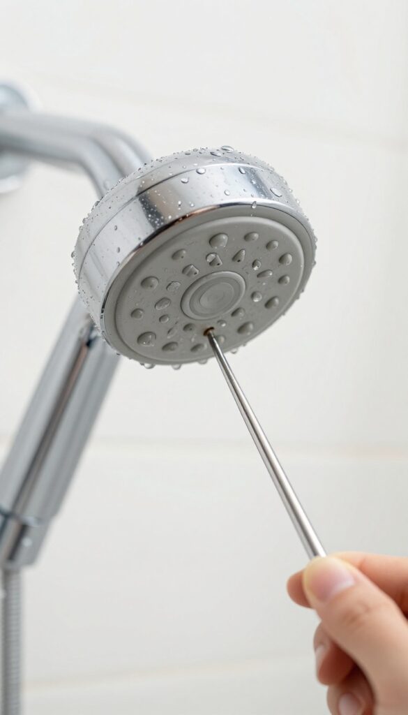 Hand using a pin to clear a clogged shower head nozzle