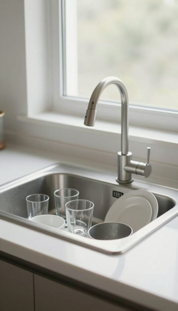 Kitchen sink filled with gathered dirty dishes, clear countertops, bright natural light