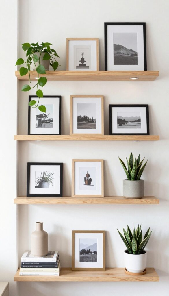 Living room alcove with floating shelves displaying art and plants in a gallery wall arrangement