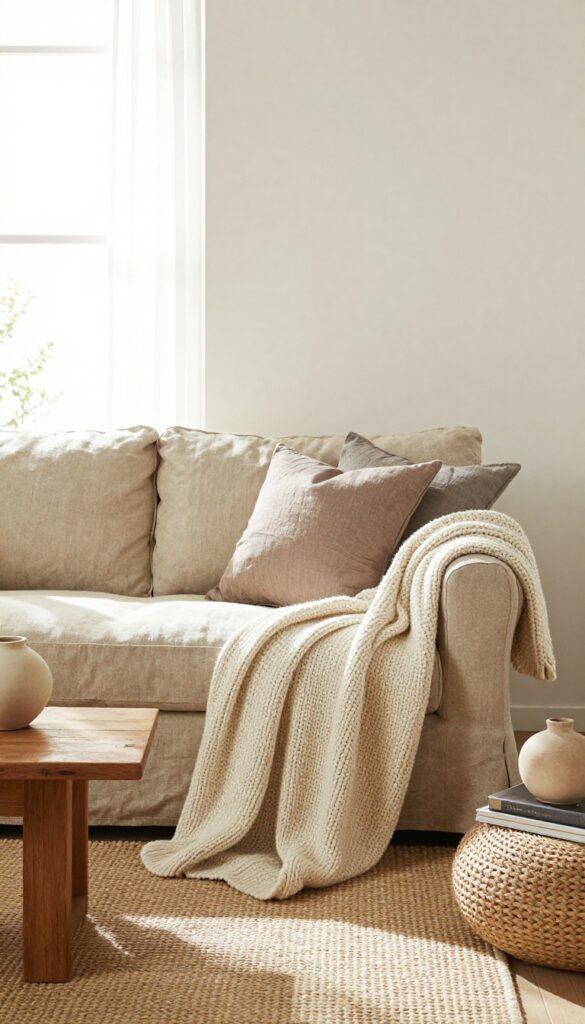 A cozy living room with a slipcovered sofa in warm oatmeal linen, styled with neutral pillows and a chunky knit throw, natural light, primitive rustic decor.