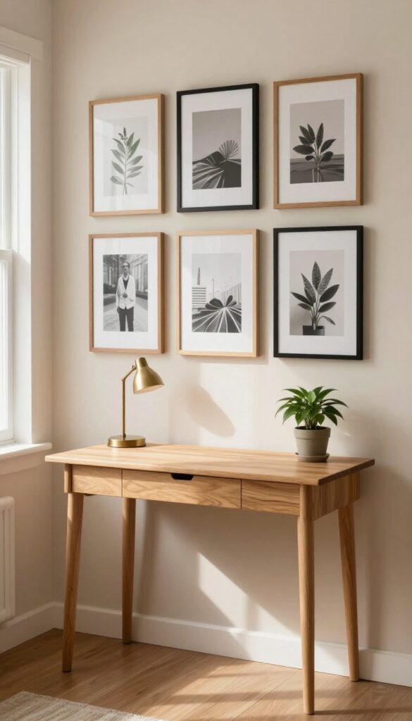 Slim desk integrated into a gallery wall in a small living room with framed art and a small lamp.